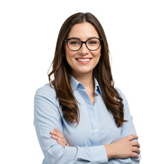 Professional woman with black-rimmed glasses and confident smile in a business casual portrait isolated on transparent background