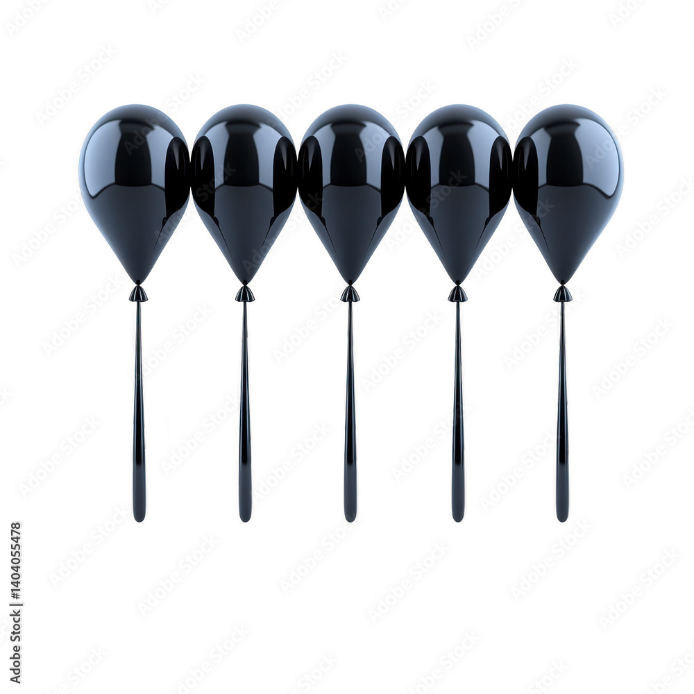 Poster five glossy black balloons are aligned in row, reflecting light and creating sleek, elegant appearan