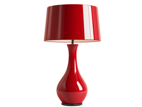 This red table lamp features a sleek, modern design with a glossy finish. It stands tall against a transparent background, perfect for adding a pop of color to any room or office space.