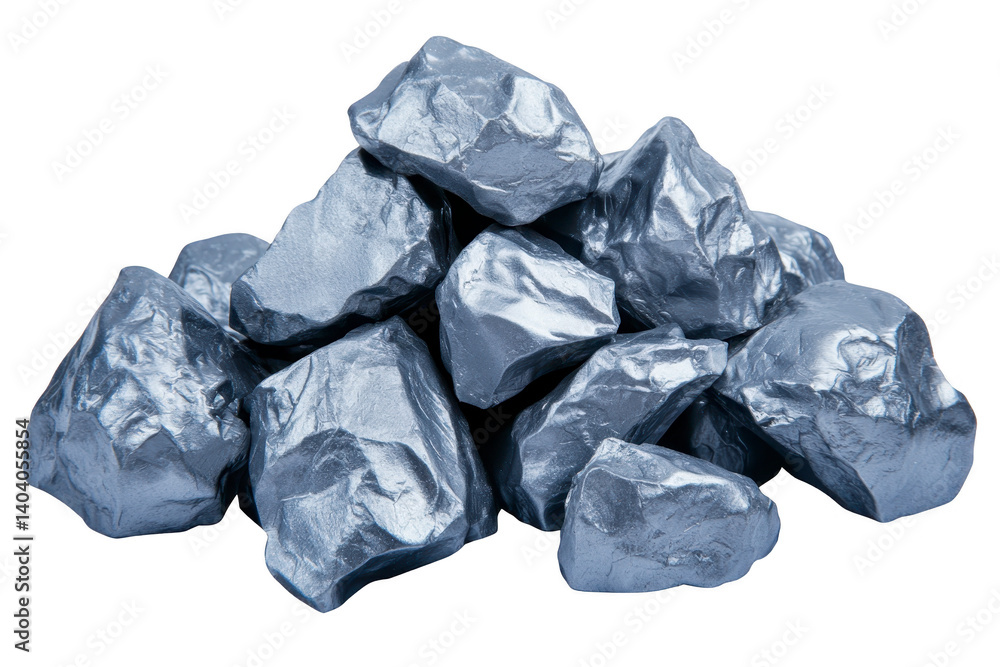 Poster pile of shiny, metallic blue rocks is stacked together, showcasing their smooth and reflective surfa