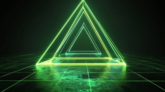 Abstract green neon triangle light geometric background design 3d art dark glow lime lines shape