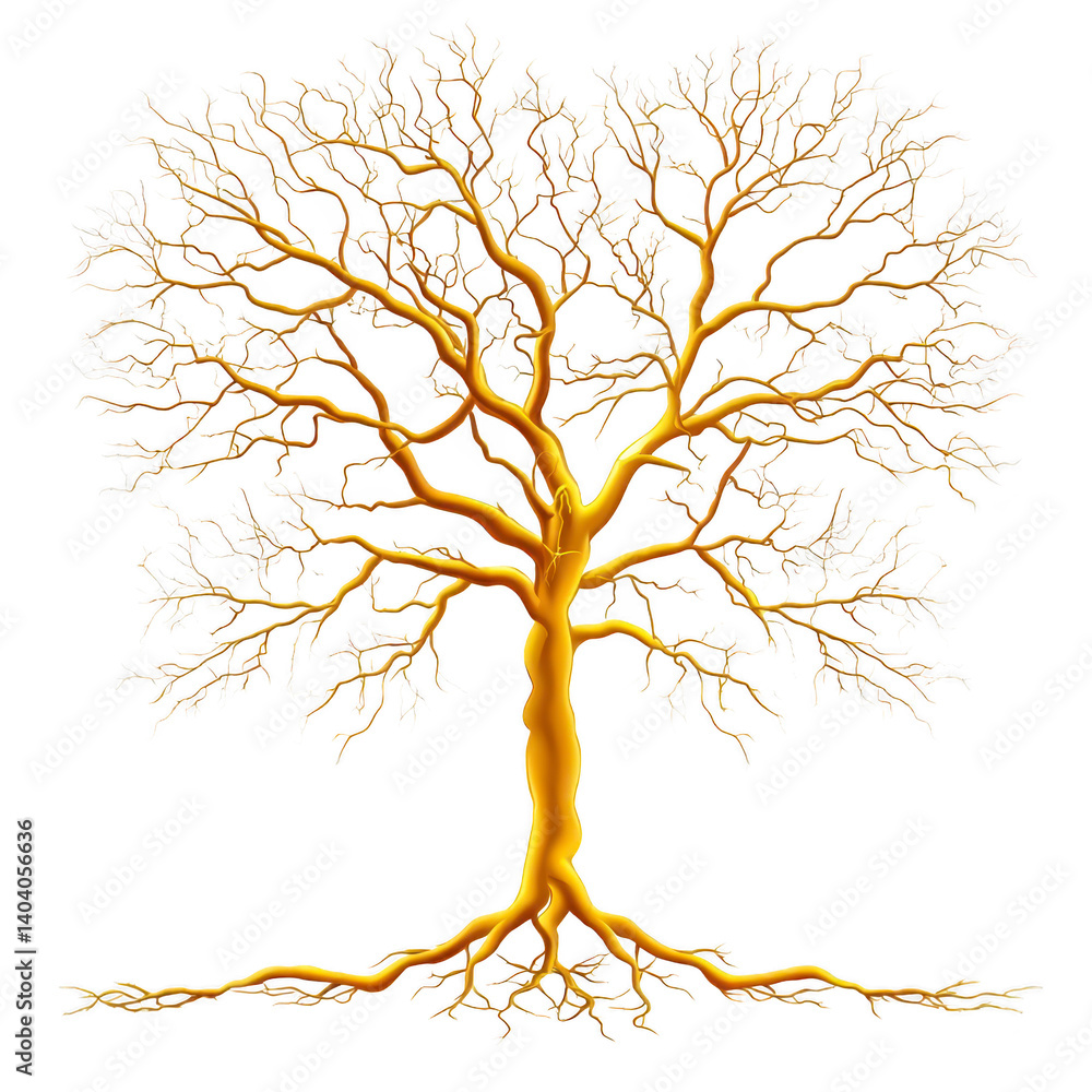 Poster golden tree with intricate branches and roots stands out against transparency background, symbolizin