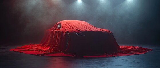 A red cloth covering a new car under the spotlights.