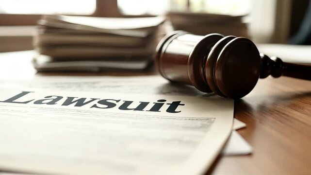 A close-up of a bankruptcy filing document with the word "Lawsuit" stamped across it, surrounded by stacks of unpaid bills and foreclosure notices, conveys a sense of legal action and financial ruin