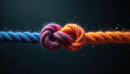 Intertwined colorful ropes, connection partnership, teamwork. Concept of unity, strength, communication, cooperation, support. Diverse team network, concept integrating together, building community