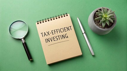 Tax-Efficient Investing Strategies: A flat lay showcasing a notepad with the words "Tax-Efficient Investing" written on it, accompanied by a magnifying glass, pen, and a small succulent plant.  