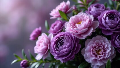 Vibrant arrangement of colorful flowers, mostly pink and purple peonies, with green leaves scattered between them, against a neutral background, greeting card for spring holidays