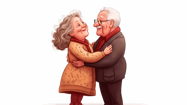 Smiling retired couple warmly dressed with scarves white background