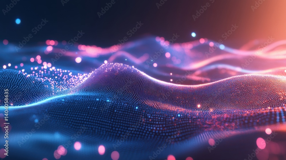 Poster vibrant abstract digital landscape with flowing waves of light and particles in a futuristic setting