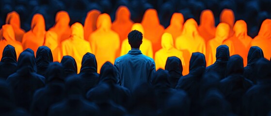 Fototapeta premium A lone man stands out in a crowd of cloaked figures, with glowing figures behind him.