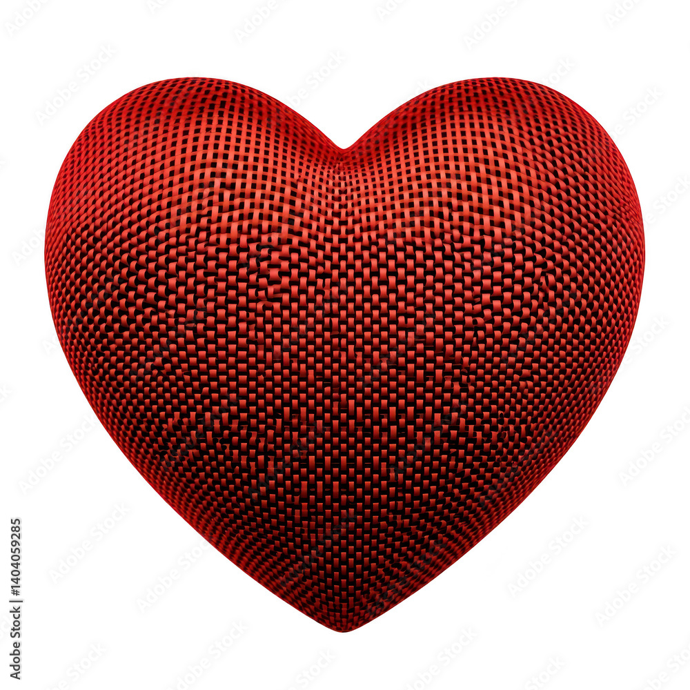 Poster textured red heart with woven pattern creates sense of warmth and affection. intricate design adds d