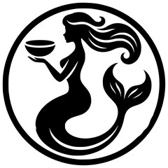 Mermaid with Bowl Silhouette: A stylized, black and white silhouette of a graceful mermaid with flowing hair, holding a bowl in her hands. Her ethereal presence evokes mystique and wonder.