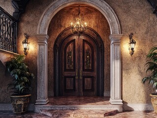 Fototapeta premium Grand entrance featuring ornate wooden double doors under an archway, flanked by stone pillars and sconces, creating a warm and inviting ambiance.