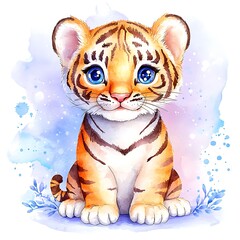 Cute watercolor tiger character with big blue eyes and colorful fur