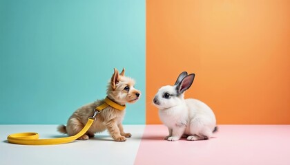 Small dog with a yellow collar and leash and a white rabbit with black spots sit on a surface with a colorful background. Bright banner with copy space