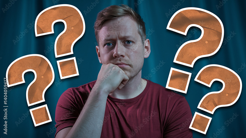 Poster man with thoughtful expression, surrounded by textured question marks, conveying uncertainty and dec