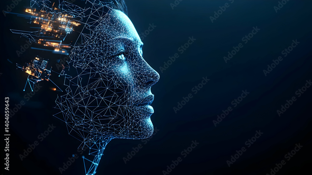 Poster digital face profile illuminated by glowing blue particles representing technology and data in abstr