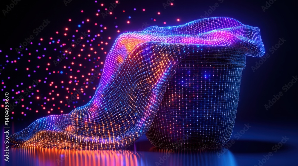Poster abstract digital composition featuring a glowing mesh draped over a container, with vibrant particle