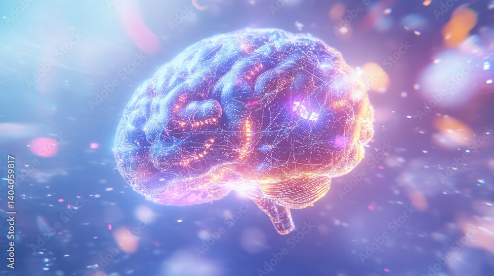 Poster vibrant digital representation of a human brain illuminated with colorful lights in a surreal settin