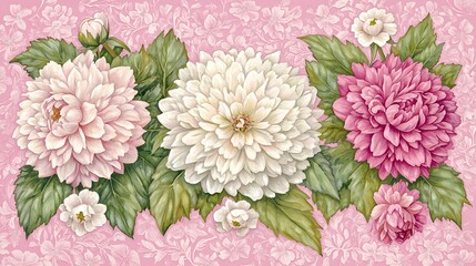 Vibrant Floral Design Featuring Colorful Dahlia Blooms and Leaves