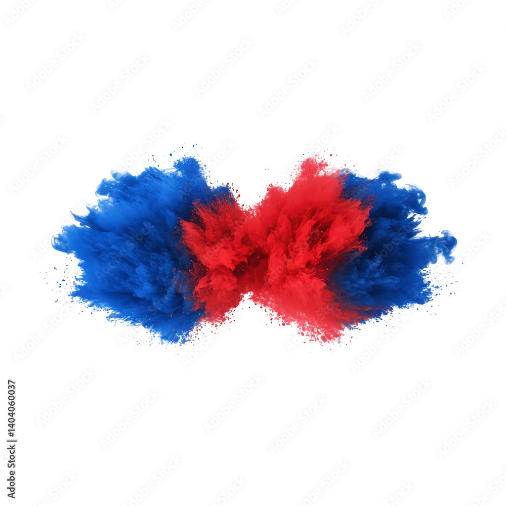 Poster vibrant explosion of red and blue powder colliding against transparency background, creating dynamic and energetic visual effect. colorful burst forms symmetrical pattern, showcasing contrast