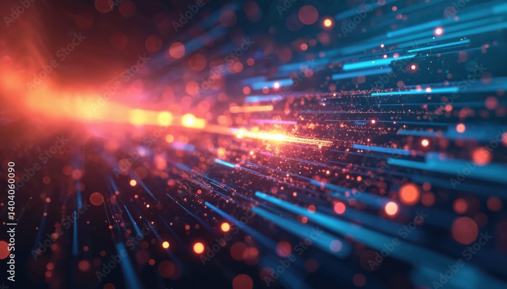 Poster Abstract illustration of data transmission using fiber optic cables in section. Glowing lines of information transfer in cyberspace. Tech concept, futuristic network communication, digital data