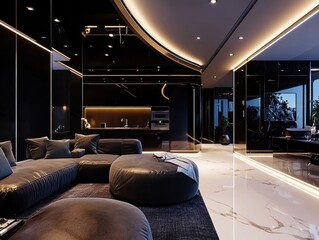 Naklejka premium Sleek, modern living space with plush seating, dark walls, and luxurious accents, illuminated by ambient lighting for a sophisticated feel.