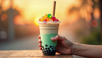 Hand holding a cup of bubble tea with colorful fruit jelly pieces and a straw. Warm sunset background with blurred trees and lights. Bubble tea menu concept