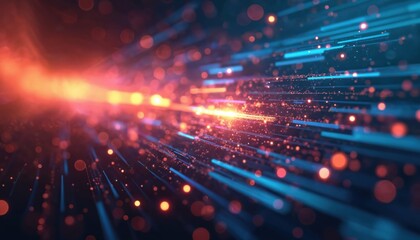 Abstract illustration of data transmission using fiber optic cables in section. Glowing lines of information transfer in cyberspace. Tech concept, futuristic network communication, digital data