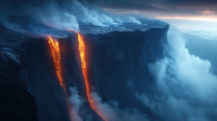 Fototapeta premium Molten streams cascade down a dramatic cliff face, shrouded in volcanic smoke and mist, as the sun sets