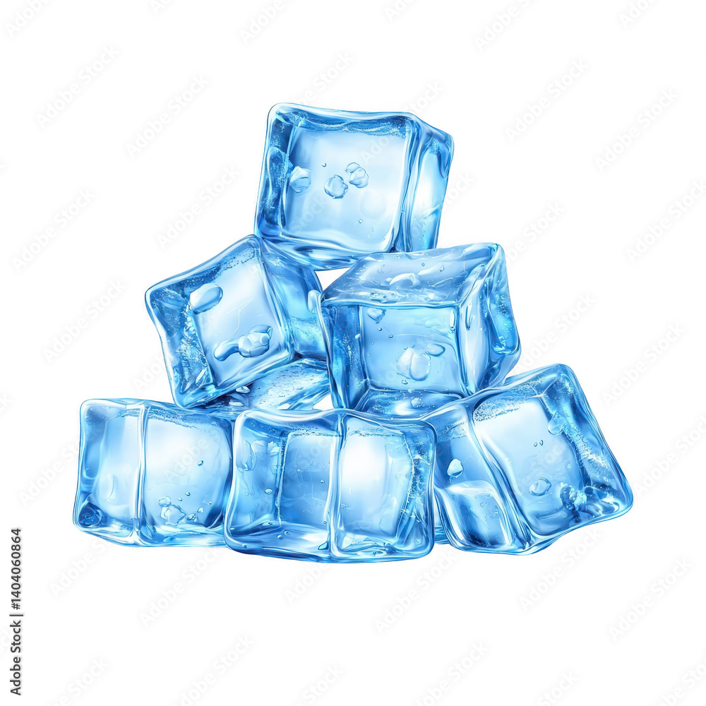 Poster crystal clear ice cubes stacked in pyramid shape, glistening with water droplets against transparenc