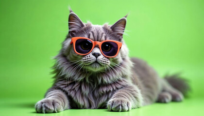 Fluffy gray cat in orange sunglasses lies with its paws outstretched in front of it, against a bright green background. Fashion, style, cool animal concept with copy space