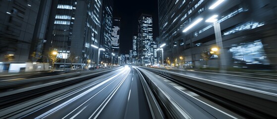 Cityscape at night with light trails on road buildings illuminated.