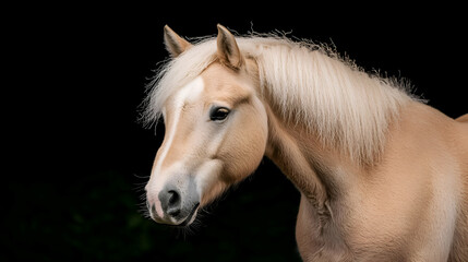 Naklejka premium Portrait of a Pale Haflinger Horse Against a Black Background