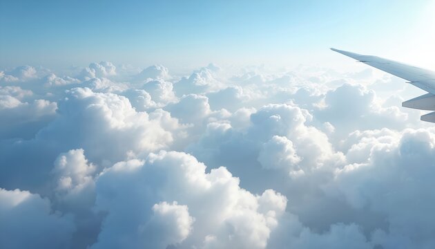 Aerial view white fluffy clouds on soft blue sky in the morning. Passenger airplane wing in frame. Plane flight above the clouds. Flight through clouds, travel, journey. Dreamy soft background.