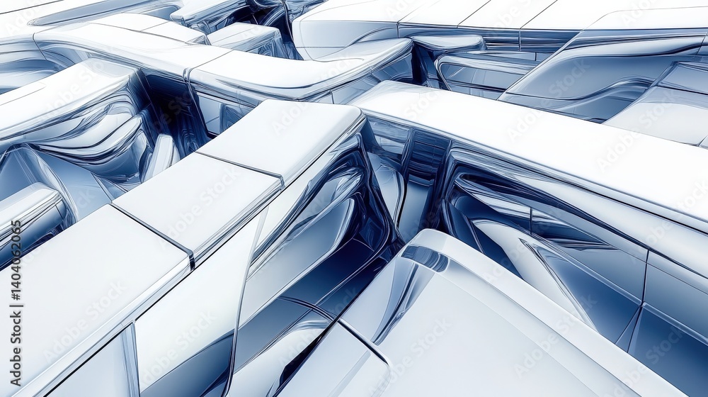 Poster abstract futuristic landscape with shiny metallic structures and intricate pathways, evoking innovat