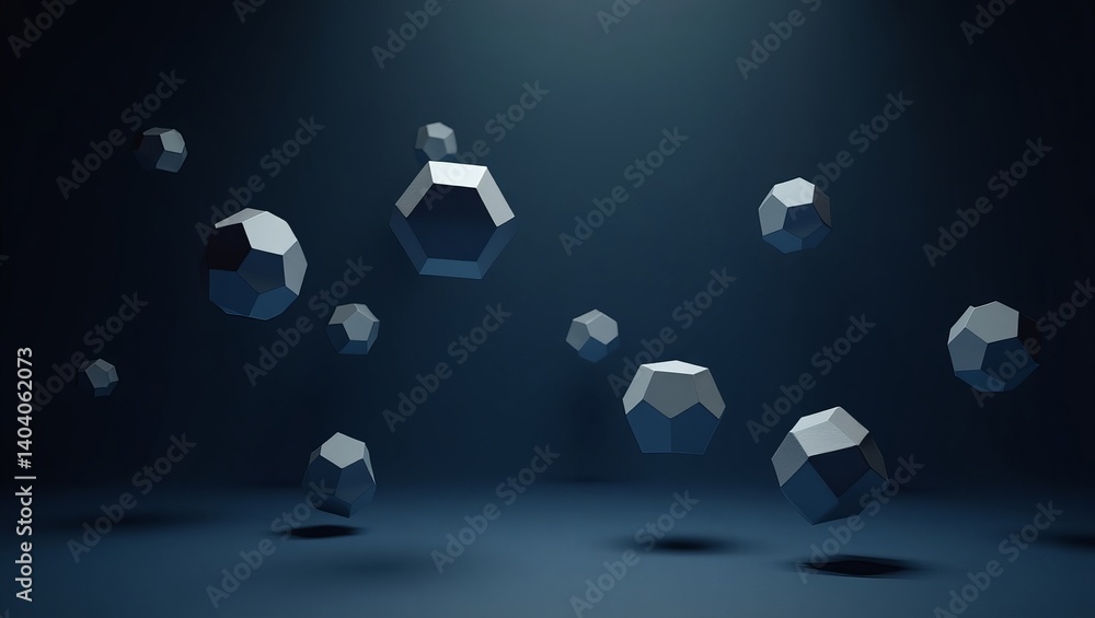 Poster Abstract geometric shapes floating in dark blue space background for presentation and design 3d render