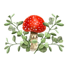 Fly agaric with blueberry leaves and twigs. Watercolor hand-drawn forest composition. Perfect for textiles, pattern, botanical postcard, floral greeting card, invitation, print, natural design.