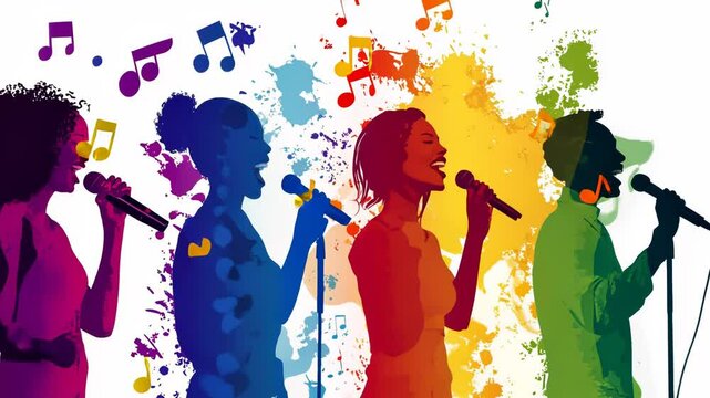 Gospel Choir Singing People in Animated Cartoon Style Vector Illustration