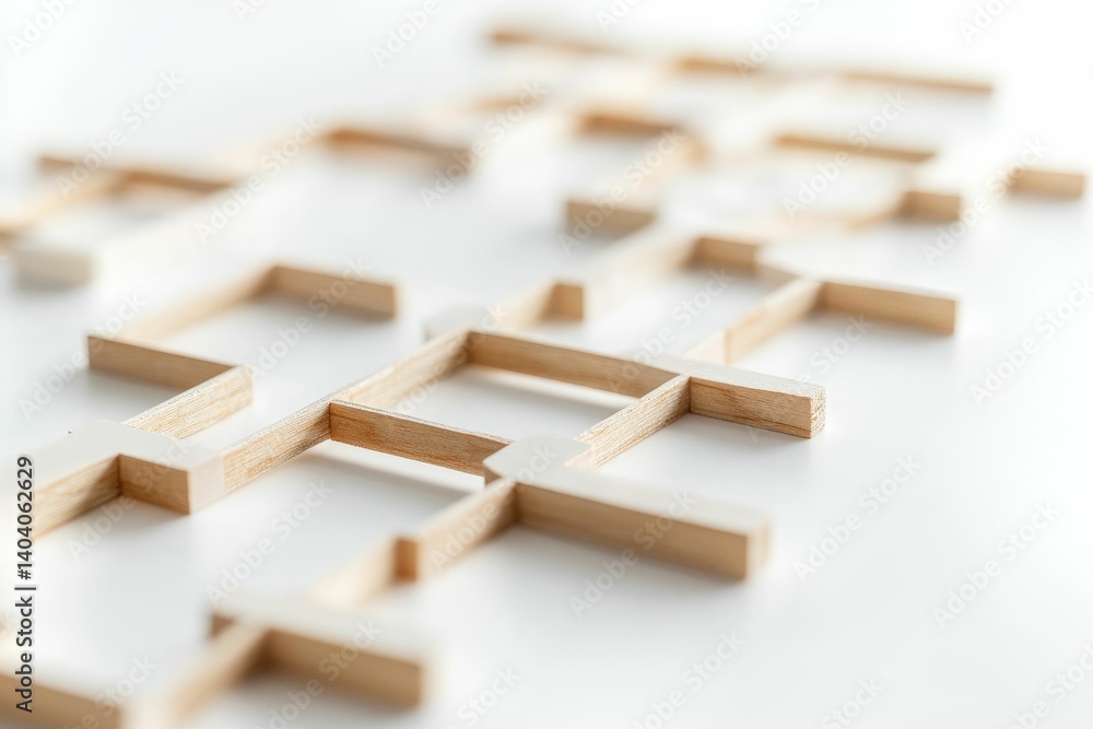 Poster arrangement of wooden sticks creating interconnected structure on white background