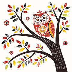 ​A vibrant Scandinavian folk-style owl adorned with traditional motifs, perched gracefully on a tree branch, symbolizing wisdom and cultural heritage