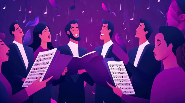 Gospel Choir Singing Silhouettes in Cartoon Style with Jazz and Blues Elements