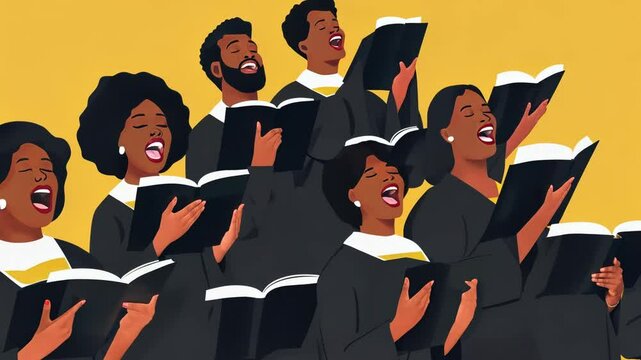 Diverse Gospel Choir Singing in 2D Cartoon Style with Business Team Representation