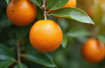 Close-up shot of ripe orange fruit growing on tree branch with green leaves. Fresh mandarin oranges. Nature healthy food, citrus fruit, source of vitamins. Agriculture concept.