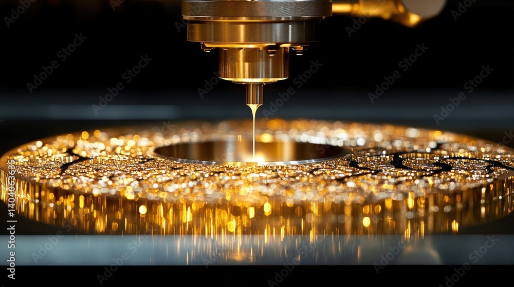 Poster precision machining of gold components. focused laser beam etching or drilling intricate patterns on