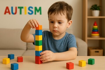 A young child with autism is carefully stacking colorful blocks, demonstrating focus and concentration. Concept of autism rights movement. World Autism Awareness Day