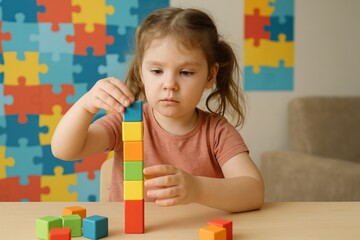 A young girl with autism is attentively building a tower of colorful blocks, showcasing her focus and fine motor skills. Concept of autism rights movement. World Autism Awareness Day
 