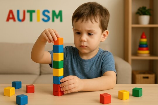 A young child with autism is carefully stacking colorful blocks, demonstrating focus and concentration. Concept of autism rights movement. World Autism Awareness Day - Powered by Adobe
