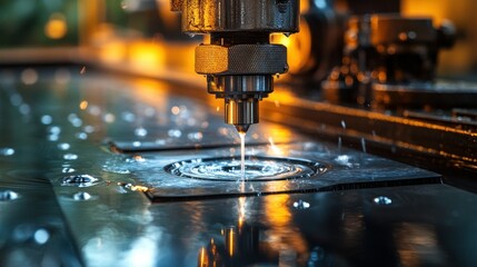 Precision metal cutting process.  Water-cooled cutting head precisely cuts metal sheet.  High-speed water jet cutting