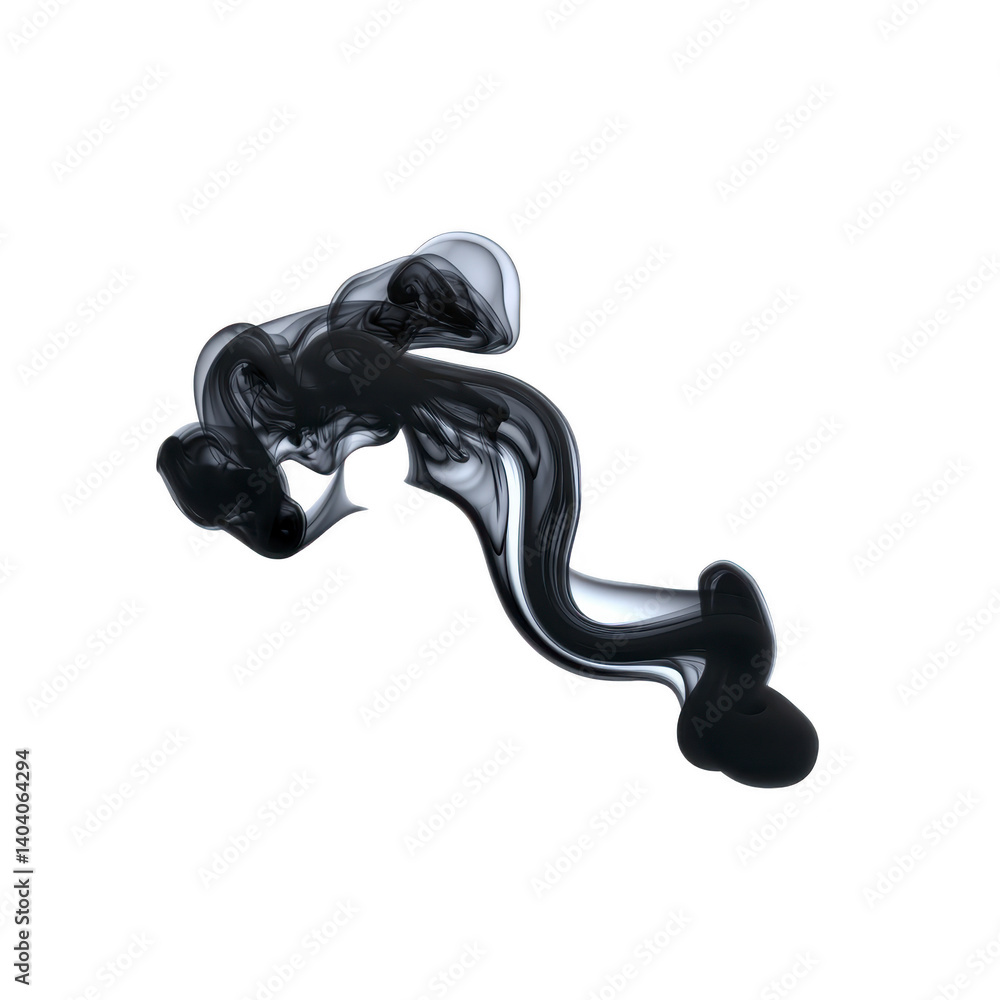 Poster swirling, abstract black ink shape floats against transparent background, creating sense of fluidity